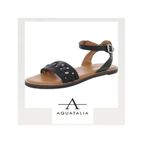 AQUATALIA Womens Black Padded Woven Ankle Strap Audry Round Toe Buckle Leather Slingback Sandal 8 M