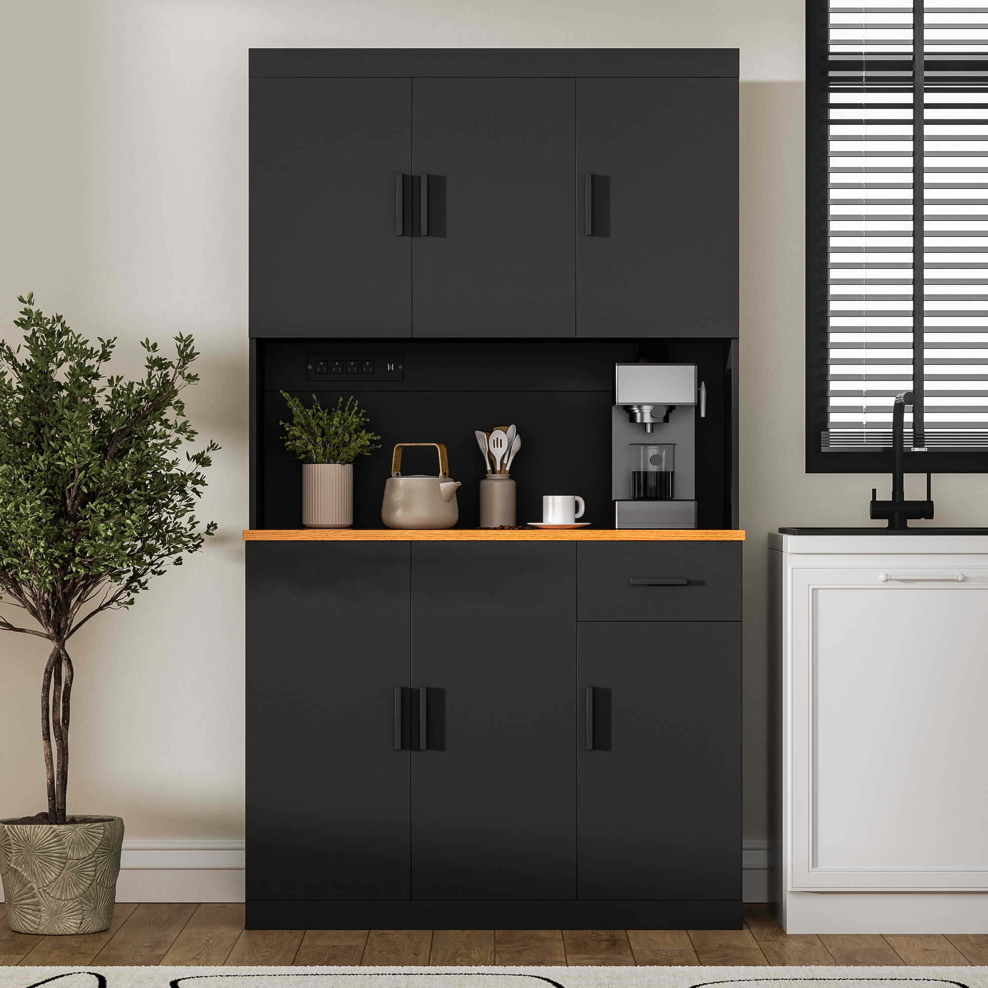 DIYART Black Kitchen Pantry Cabinet, 71" Tall Kitchen Storage Cabinet with 6 doors and Power Outlet