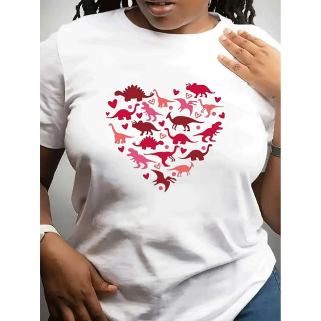 T-Shirt Grande Taille pour Femmes Saint-Valentin - Imprimé Cœur de Dinosaure Ludique, Col Rond, Manches Courtes, Décontracté & Confortable, 100 % Coton, Lavable en Machine pour Adultes, Hommes, Femmes Tee-Shirt Sport Décontracté
