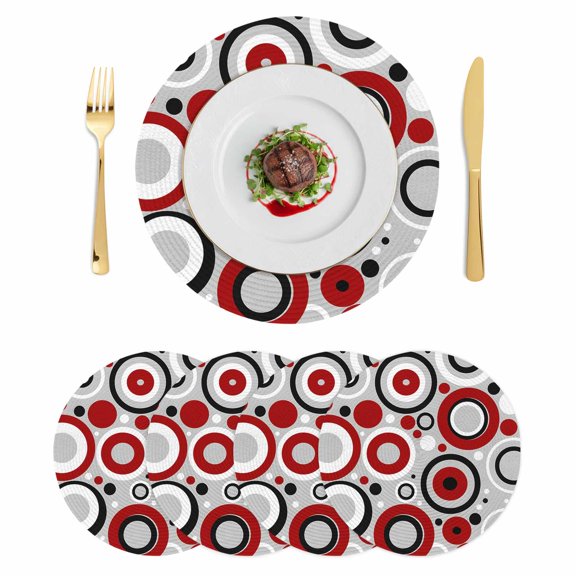 Red Grey Abstract Round 15 Inch Placemats Set of 4, Modern Geometric Polka Dot HeatResistant Non Slip Place Mats for Dining Table, Wipeable Braided Kitchen Table Mats for Housewarming