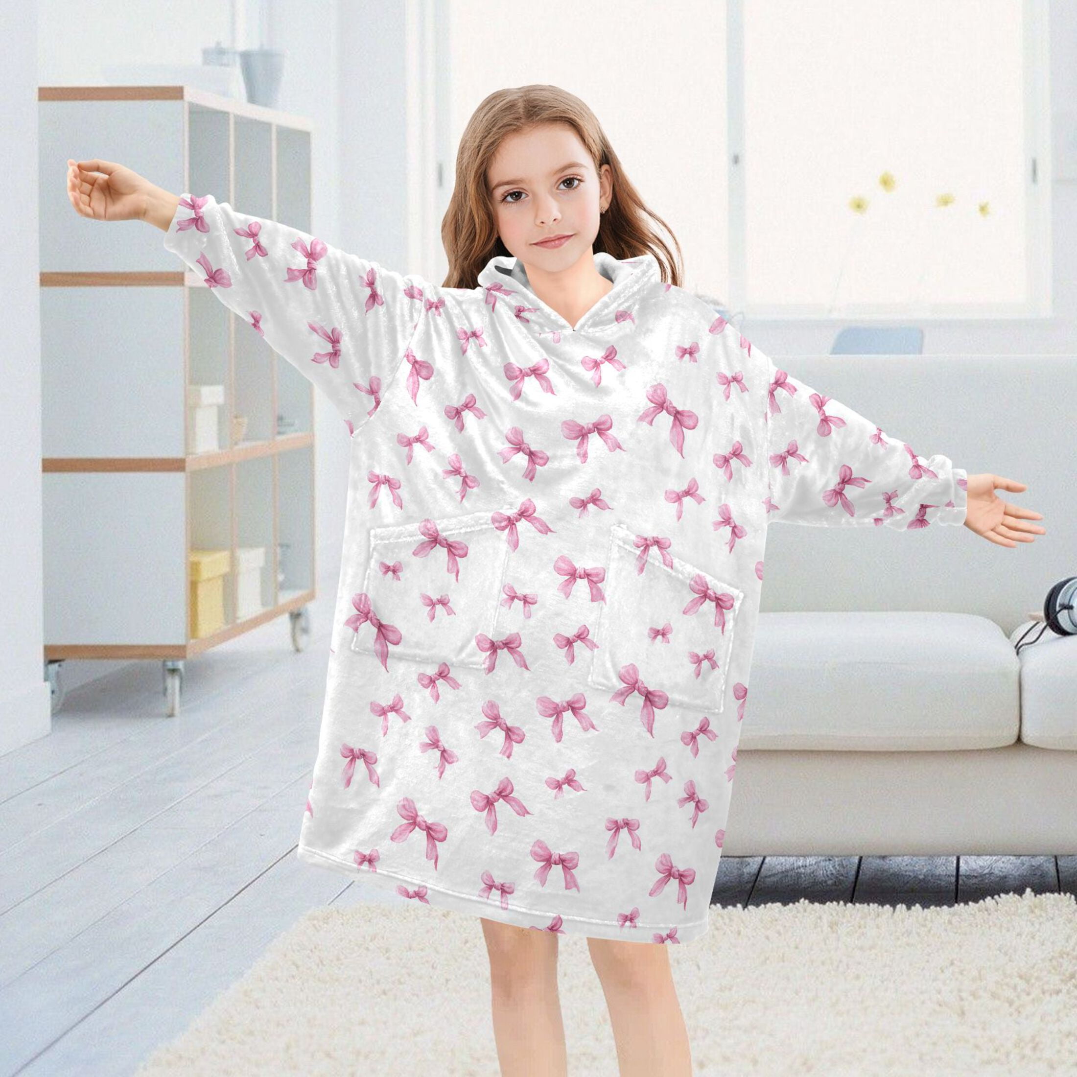 Wearable Blanket Hoodie for Kids Pink Bow Flannel Hooded Blanket with Pockets and Sleeves Suitable for Boys and Girls