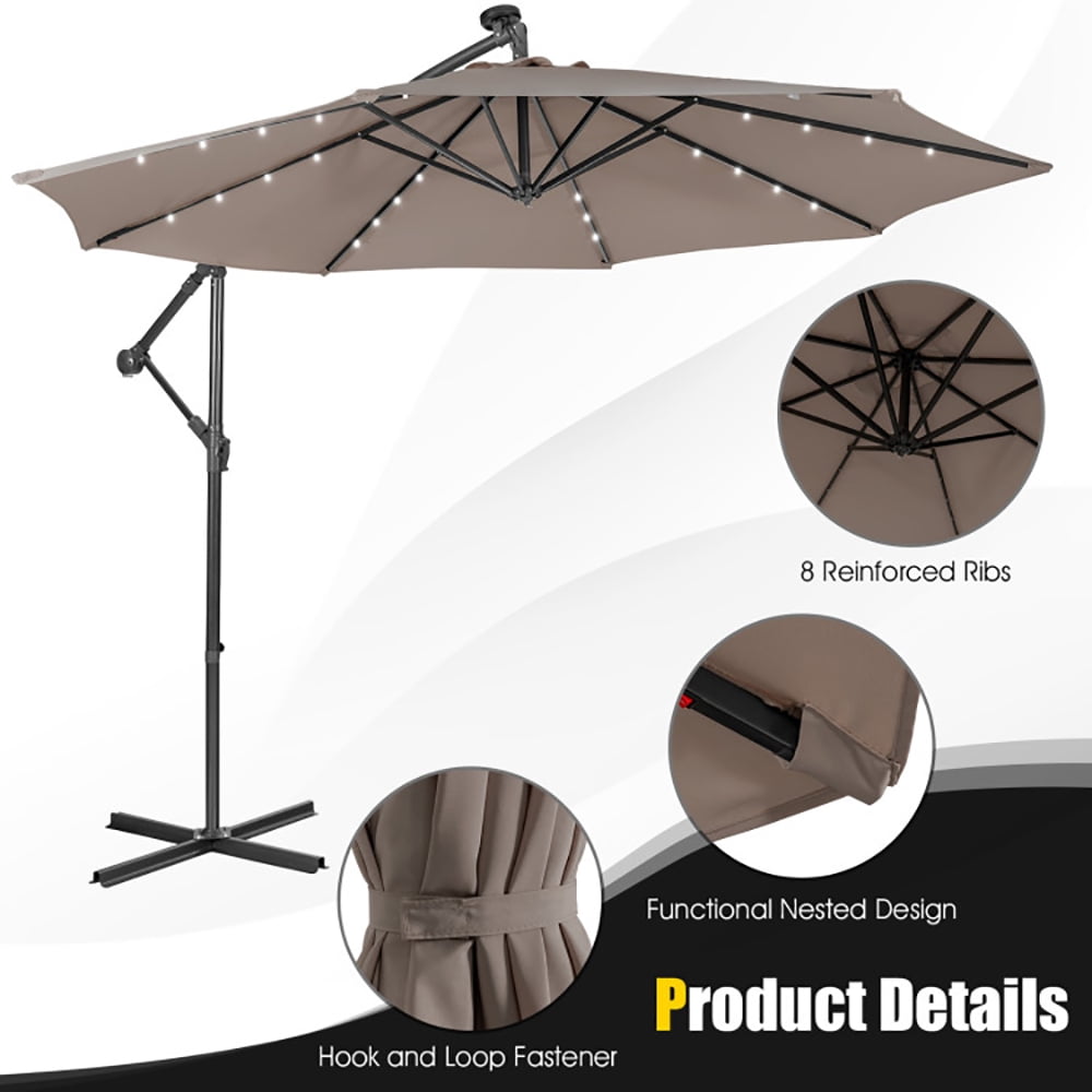 Aimee Lii 10 Feet Patio Solar Powered Cantilever Umbrella with Tilting System, Sunbrella Patio Umbrellas, Coffee Aimee Lii 10 Feet Patio Solar Powered Cantilever Umbrella with Tilting System, Sunbrella Patio Umbrellas, Coffee