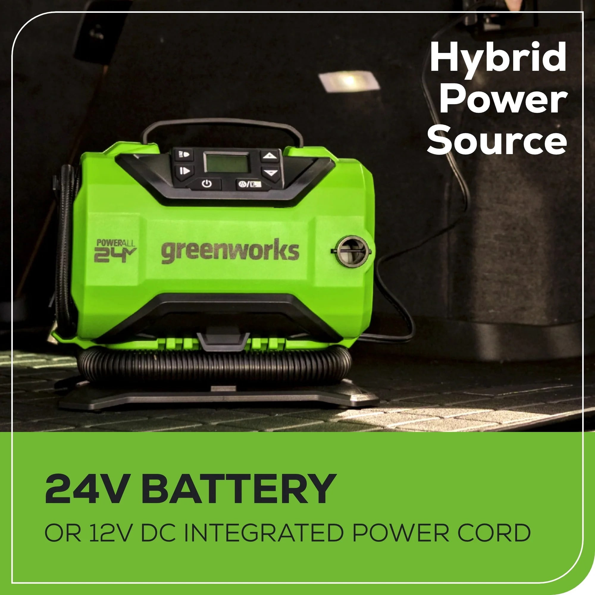 Greenworks 24V Portable Air Compressor, Cordless Tire Inflator, Max 160 PSI, with Usb (Power Bank) 2Ah Battery and 2A Charger