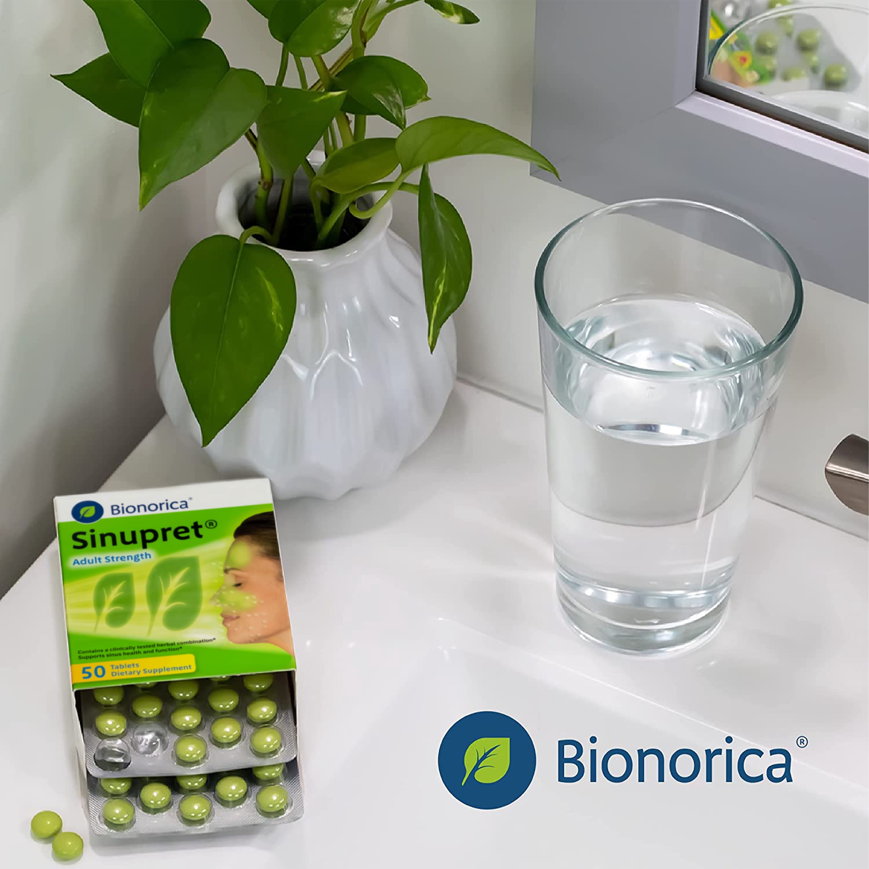 Bionorica Sinupret Adult Strength Sinus + Immune Support All Natural, Fast Acting Herbal Nasal Passage & Immunity Boost Supplement with Verbena & Elder Flower - 50 Tablets