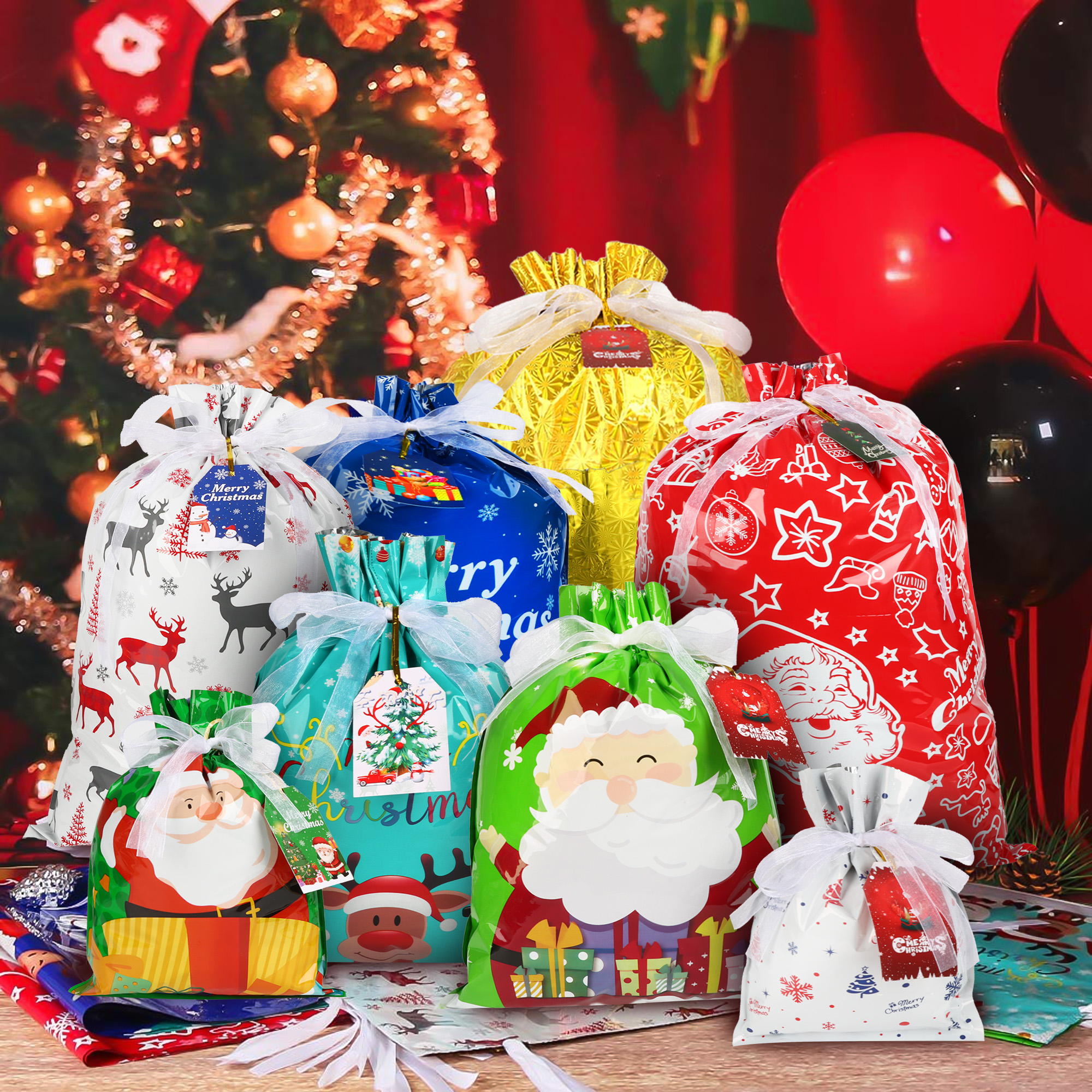 TUONITO 30-Piece Christmas Drawstring Gift Bags, Assorted Sizes photo 2