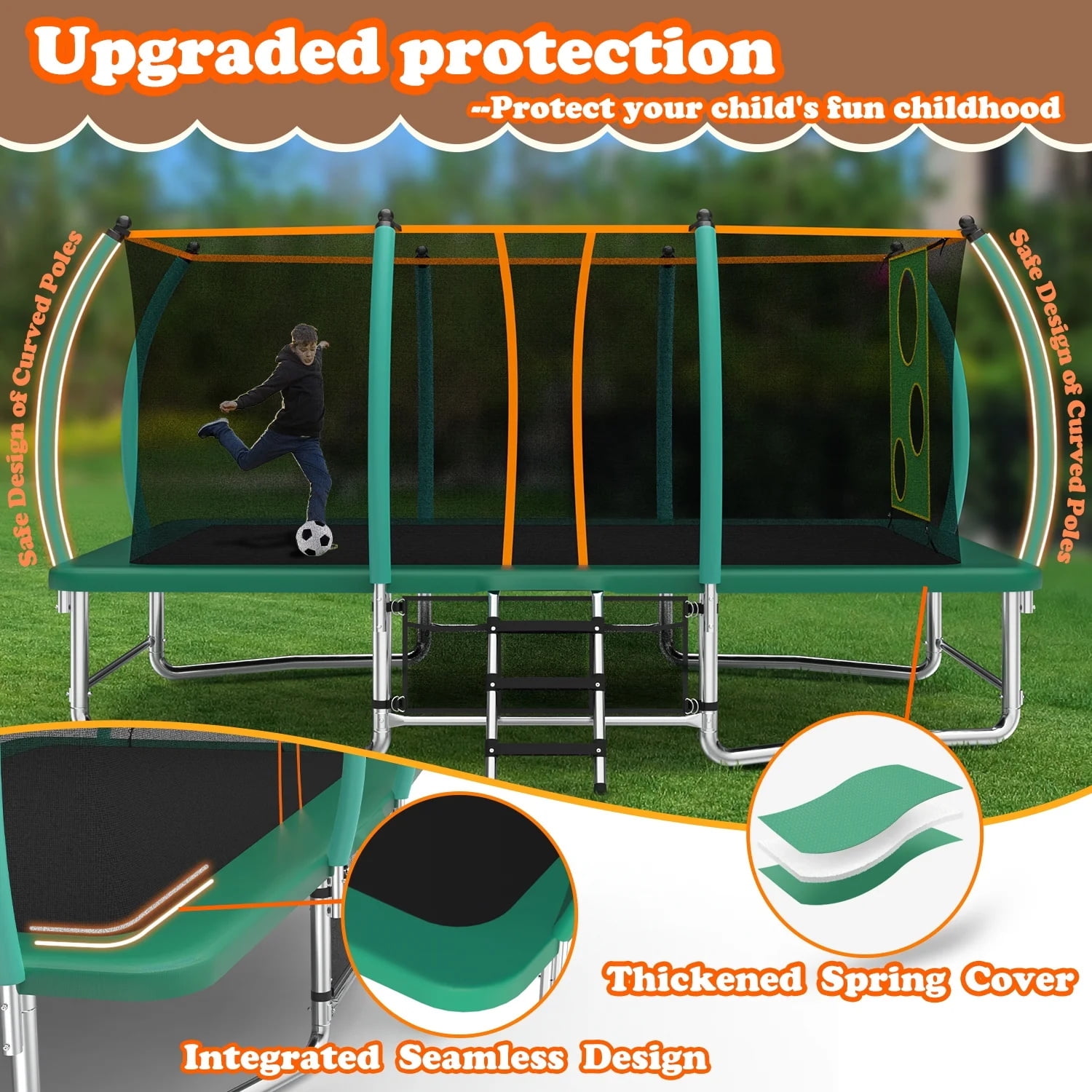 Alvantor 10X16 Ft Trampoline Rectangler, Outdoor Square Trampolines with Enclosure Net Green