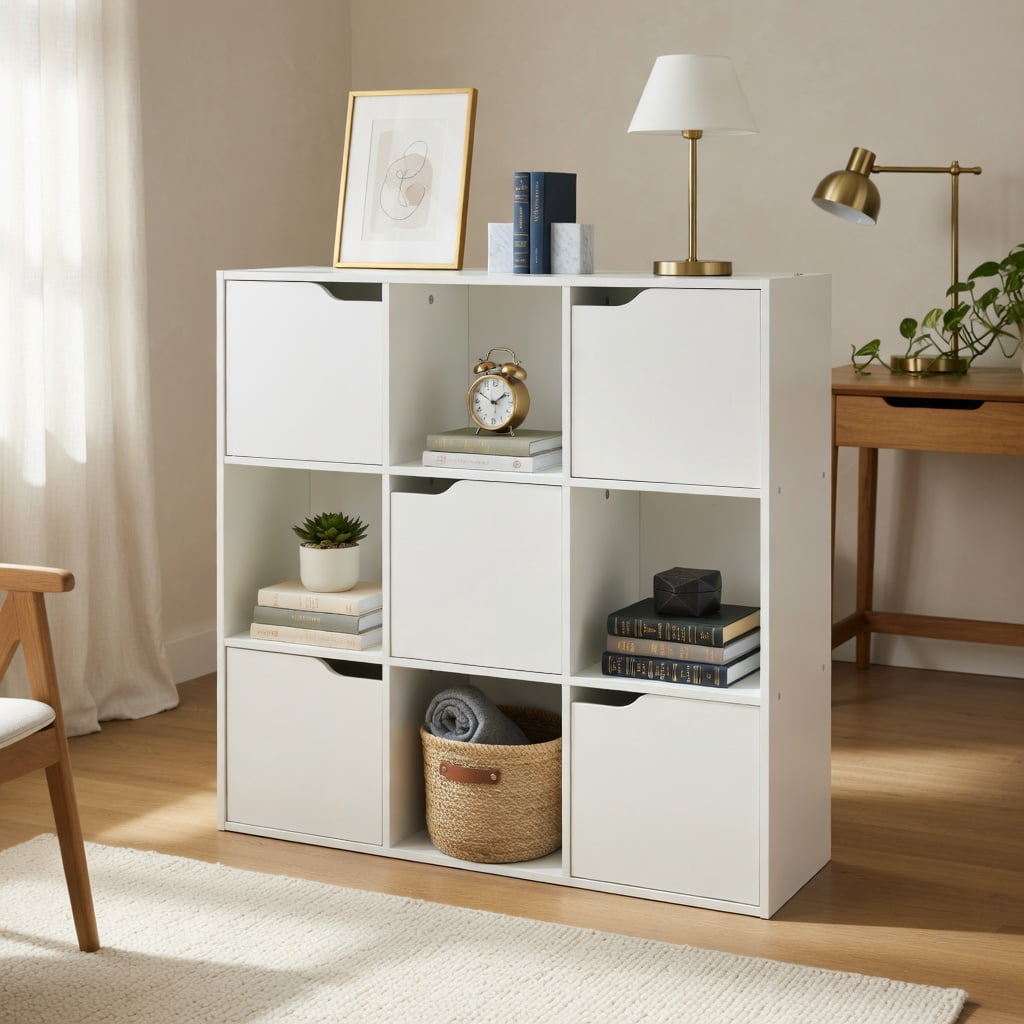 Topcobe Free Standing 9 Cube Storage Wood Divider Bookcase for Home and Office, Tall Bookshelf Modern Book Case for Books, CDs, Movies, White