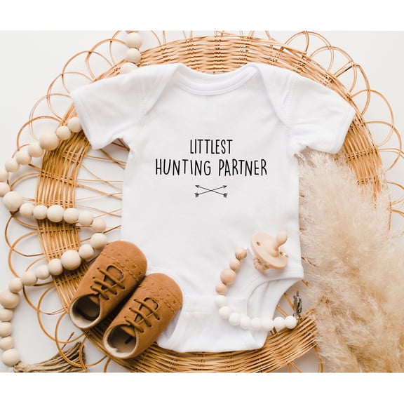 Bella Canvas with Littlest Hunting Partner, Hunting Buddy Shirt, Pregnancy Announcement, Ivf Baby Shower, Gender Neutral Cute and Cool Baby Boy or Girl Bodysuit Gift