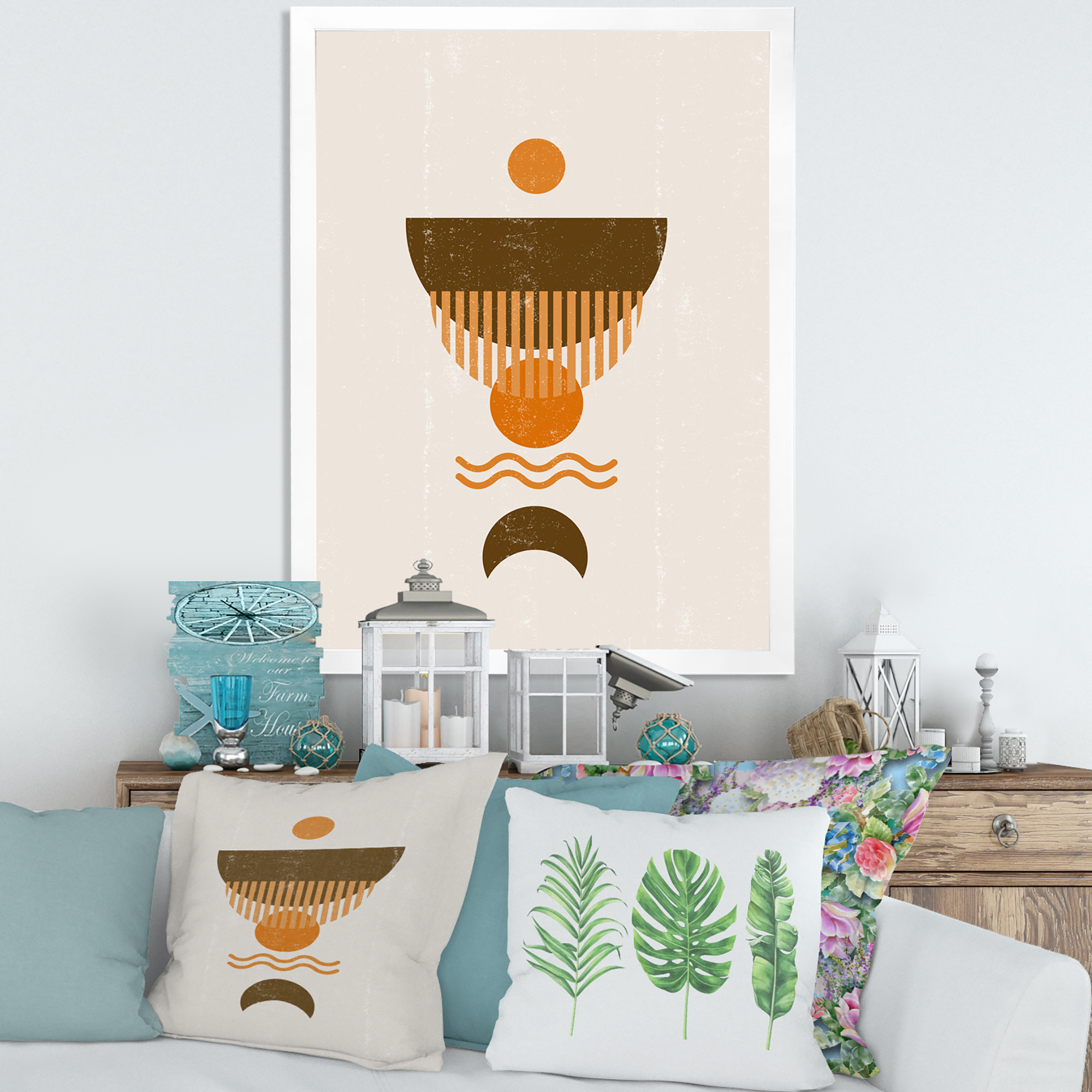 Designart 'Abstract Minimal Brown Moon and Orange Sun' Modern Framed Art Print