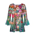 thumbnail image 4 of Women's Vintage Flouncy Blouse to Hide the Belly 3/4 Flare Sleeve Pleated Flowy Shirts Dressy Tops Henley Neck Tunic Summer Clothes Boho Floral Print 1/4 Button up Blouse Multicolor T Shirts L, 4 of 5
