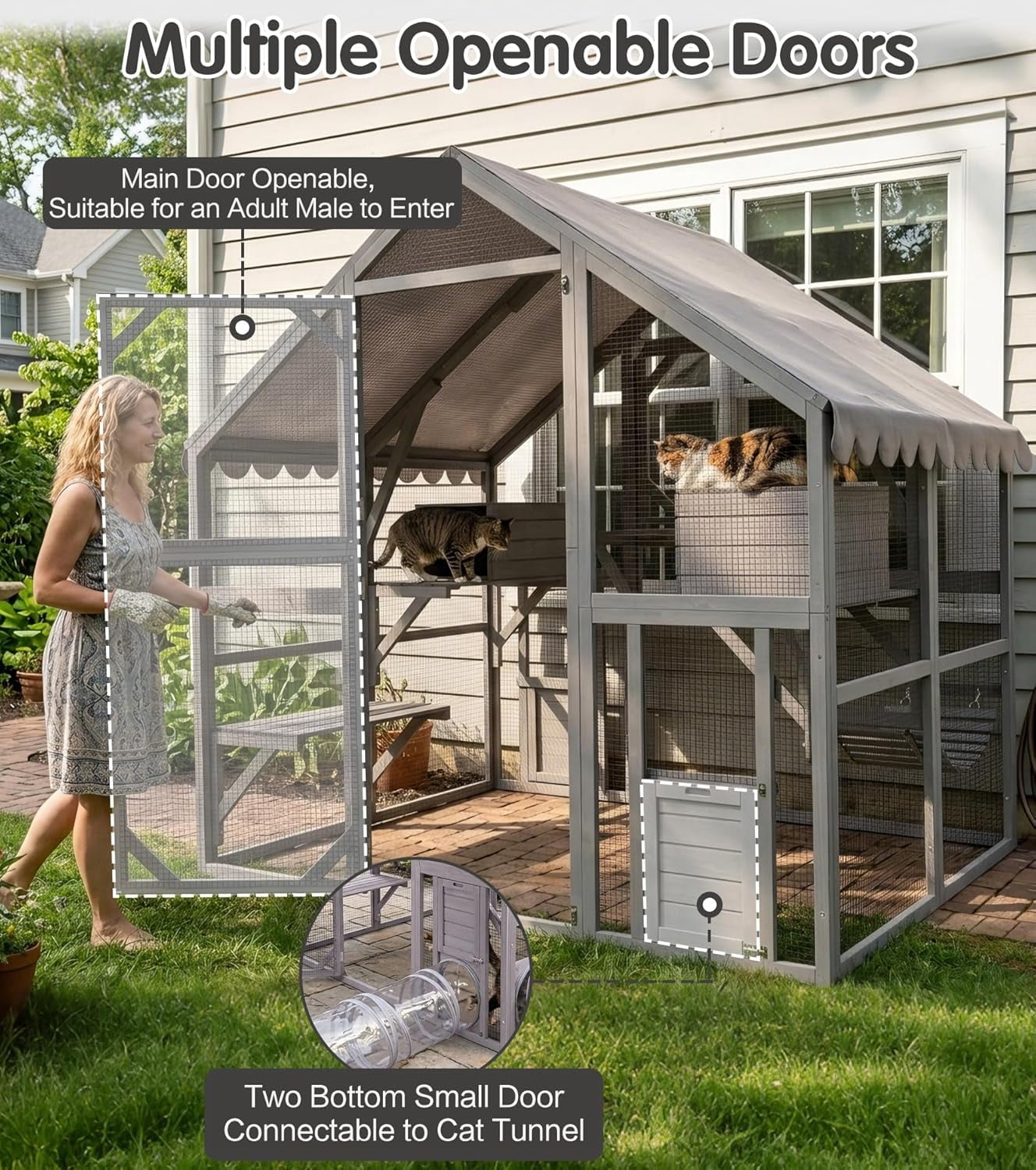 Aivituvin Extra Large Catio Outdoor Cat Enclosure Window Design for 6-10 Cats, Walk-in Patio Cat House with 4 Access Doors, Waterproof Roof