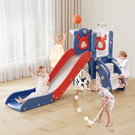 Korimefa 7-in-1 Toddler Slide Set with Golf Basketball Hoop Kids Slide for Toddlers Age 1-4 Climber Slip and Slides Baby Outdoor Toys