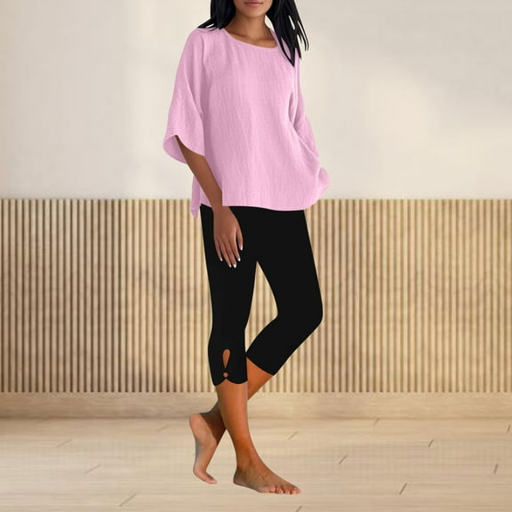 Haivin Women's Linen Blend Top and Cropped Pants Set, Solid Color Round Neck Three-Quarter Sleeve Blouse with Elastic Waist, Breathable Comfortable Casual Outfit for Daily Wear
