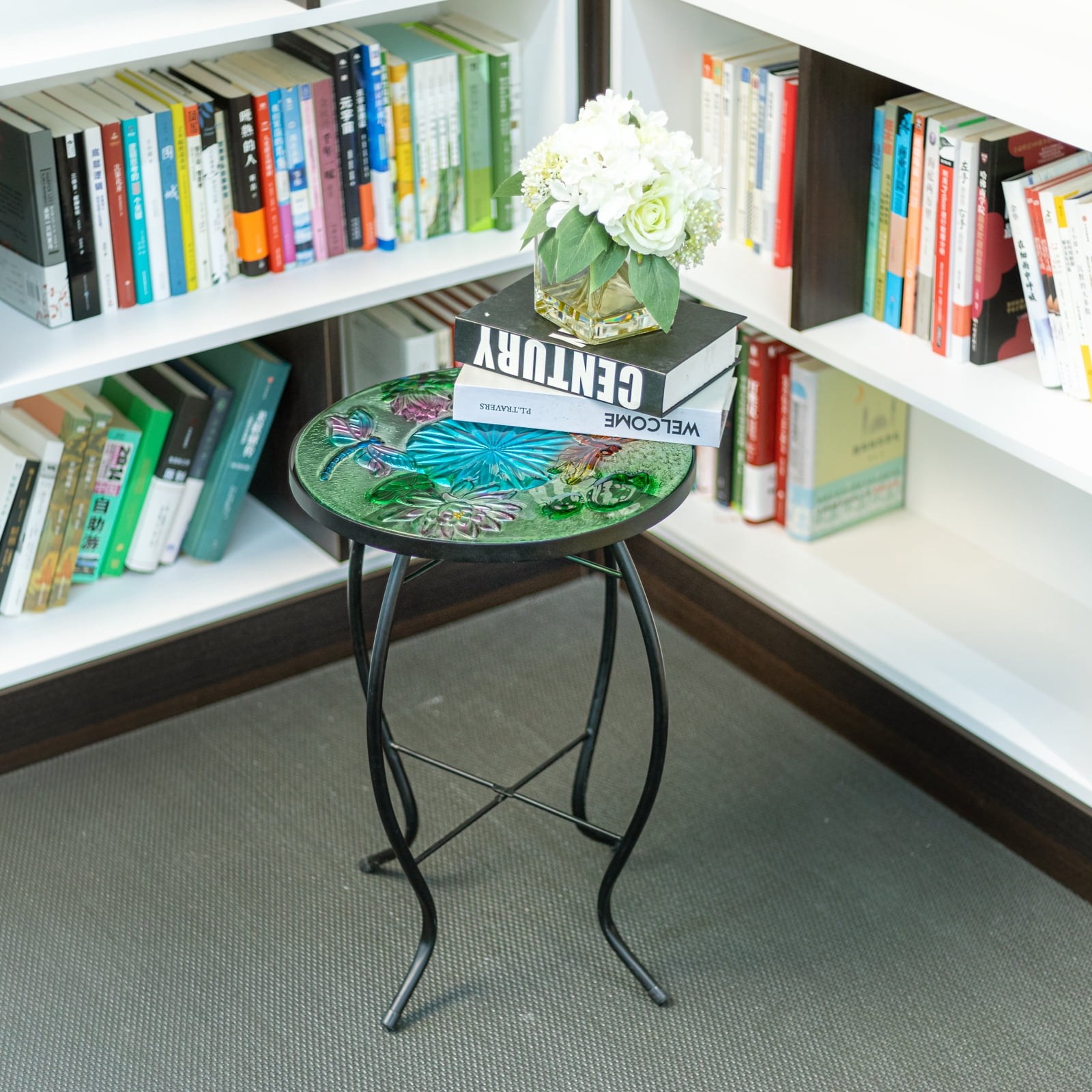Wonder Garden Outdoor Side Table for Garden, Indoor Small Accent Coffee Table Plant Stand Round Glass Table for Balcony, Lawn, Patio, Dragonfly