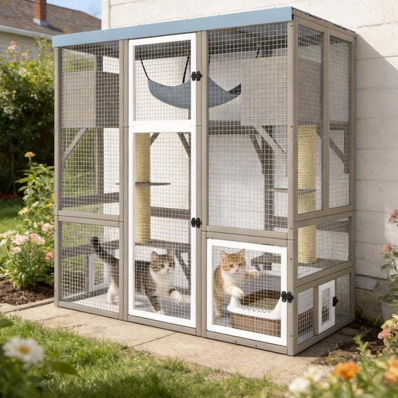 Window-Accessible Walk-in Catio, 4-Tier Outdoor Cat Enclosure with Platforms & Hammock, Large Weatherproof Cat House for Patio