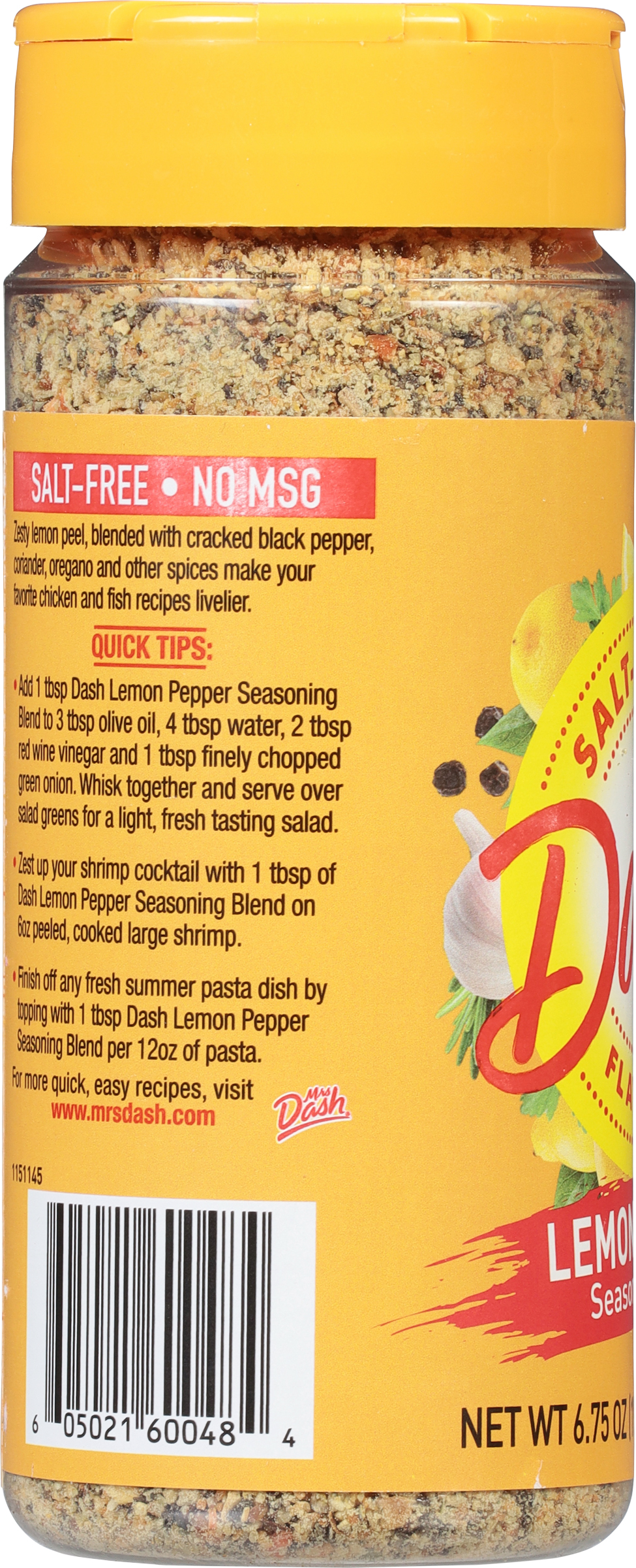 DASH SALT-FREE LEMON PEPPER SEASONING BLEND, KOSHER, 6.75 OZ SHAKER