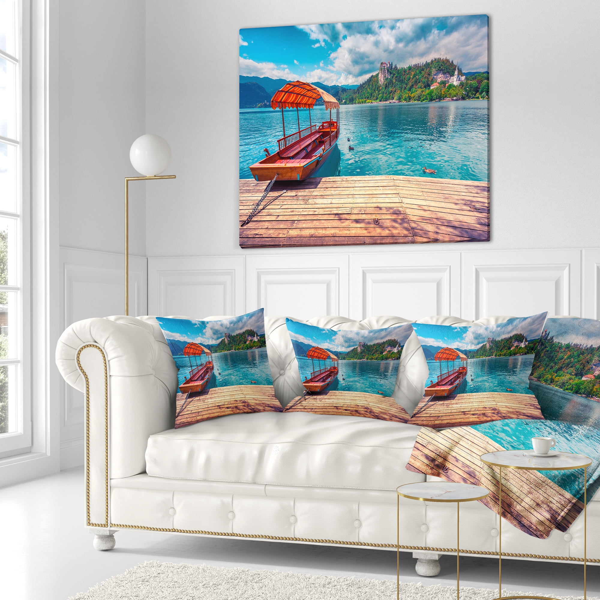 Designart Boat in Lake Bled In Julian Alps - Landscape Printed Throw Pillow - 18x18