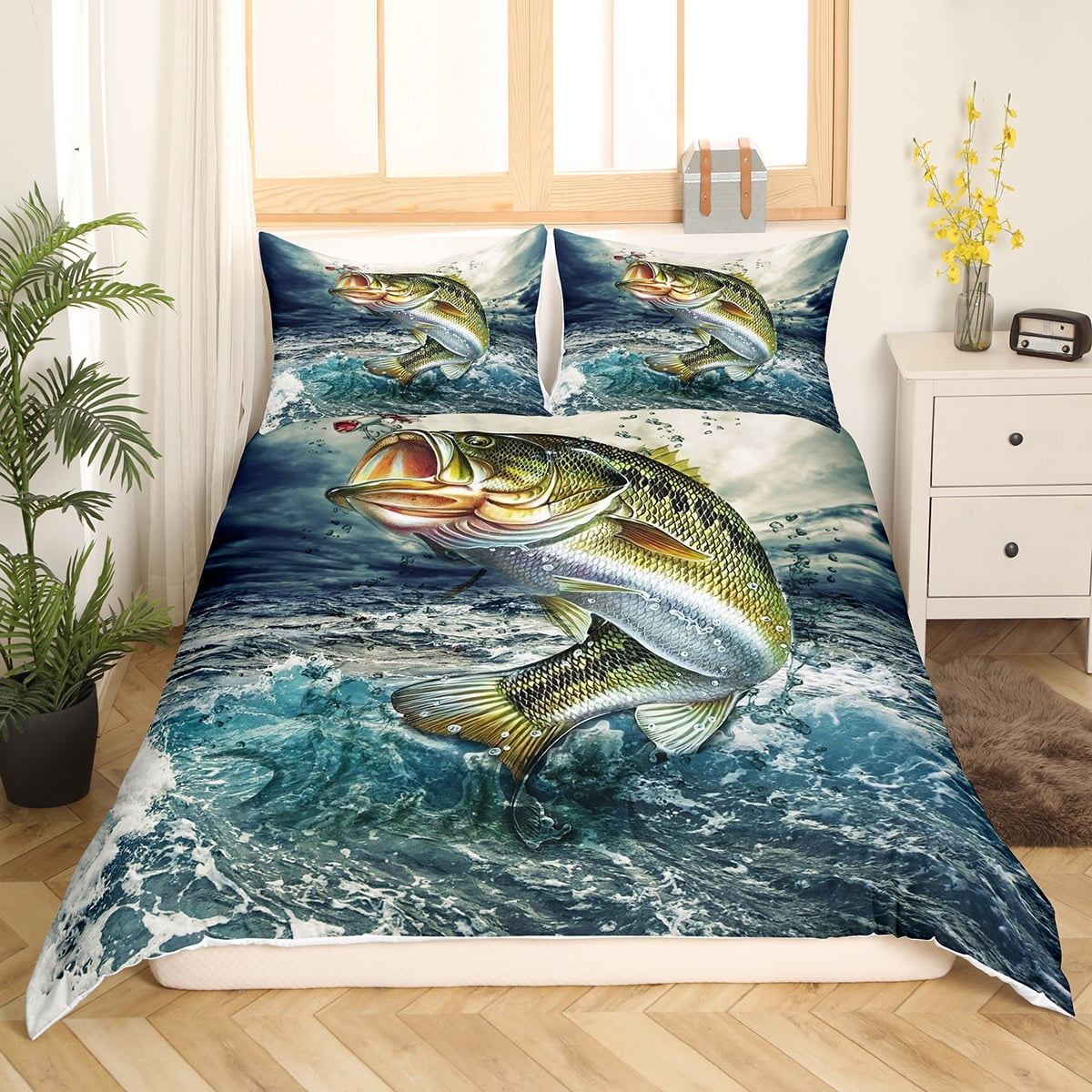 YST Bass Big Fish Comforter Cover Queen Size,Pike Big Fish Bedding
