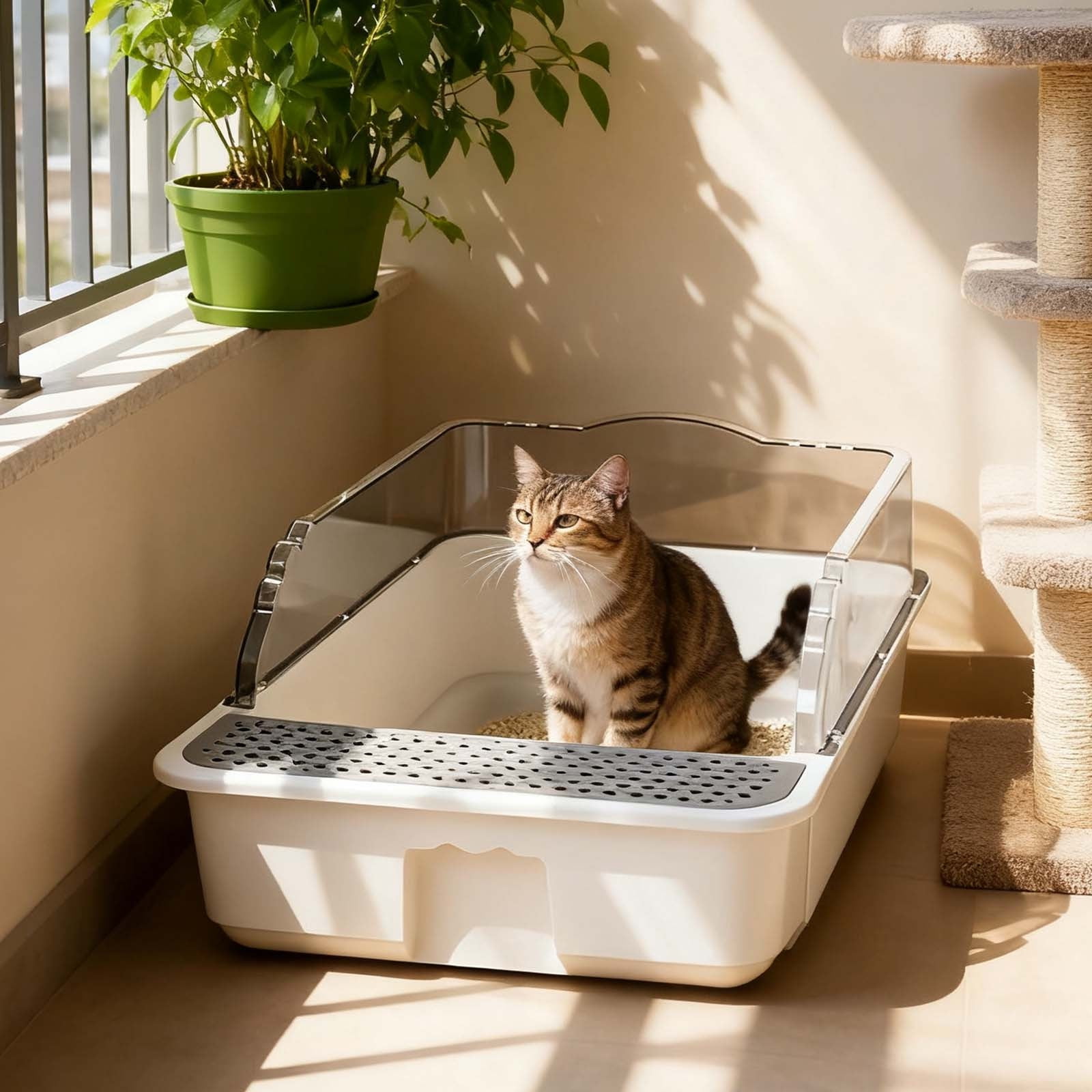 High-Sided Open Cat Litter Pan with Removable Mat for Easy Cleaning Semi-Enclosed Design Reduces Splashing and Scatter
