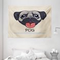 thumbnail image 1 of Pug Tapestry, Cartoon Pug Dog Caricature with Its Tongue Out Happy Face Animal Fun Illustration, Wall Hanging for Bedroom Living Room Dorm Decor, 80W X 60L Inches, Taupe Black Red, by Ambesonne, 1 of 2