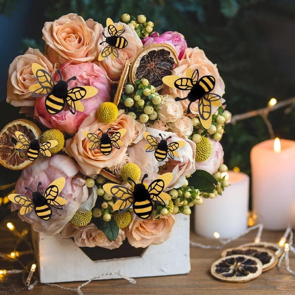 24pcs 3D Bee Decorative Double Glitter Bee Sticker Wall Decor Realistic Shiny Decor Decal For Family Party Classroom Outdoor Theme Decoration