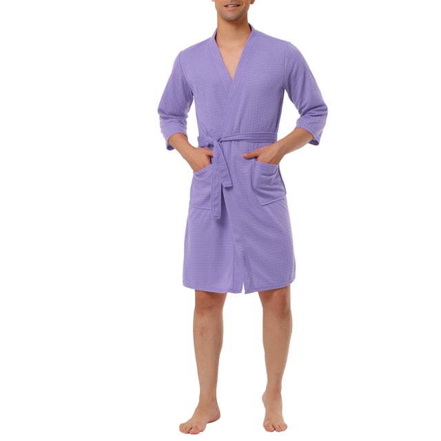 INSPIRE CHIC Men's Waffle Spa Robe Solid Color Sleepwear Long Sleeves Bathrobe XS Purple