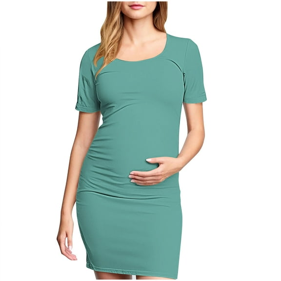 Fengqque Maternity Pleated Dress with Short Sleeves and Round Neck - Flowy Mid Calf Length Skirt Design for Baby Showers, Pregnancy Photos and Special Occasion Wear