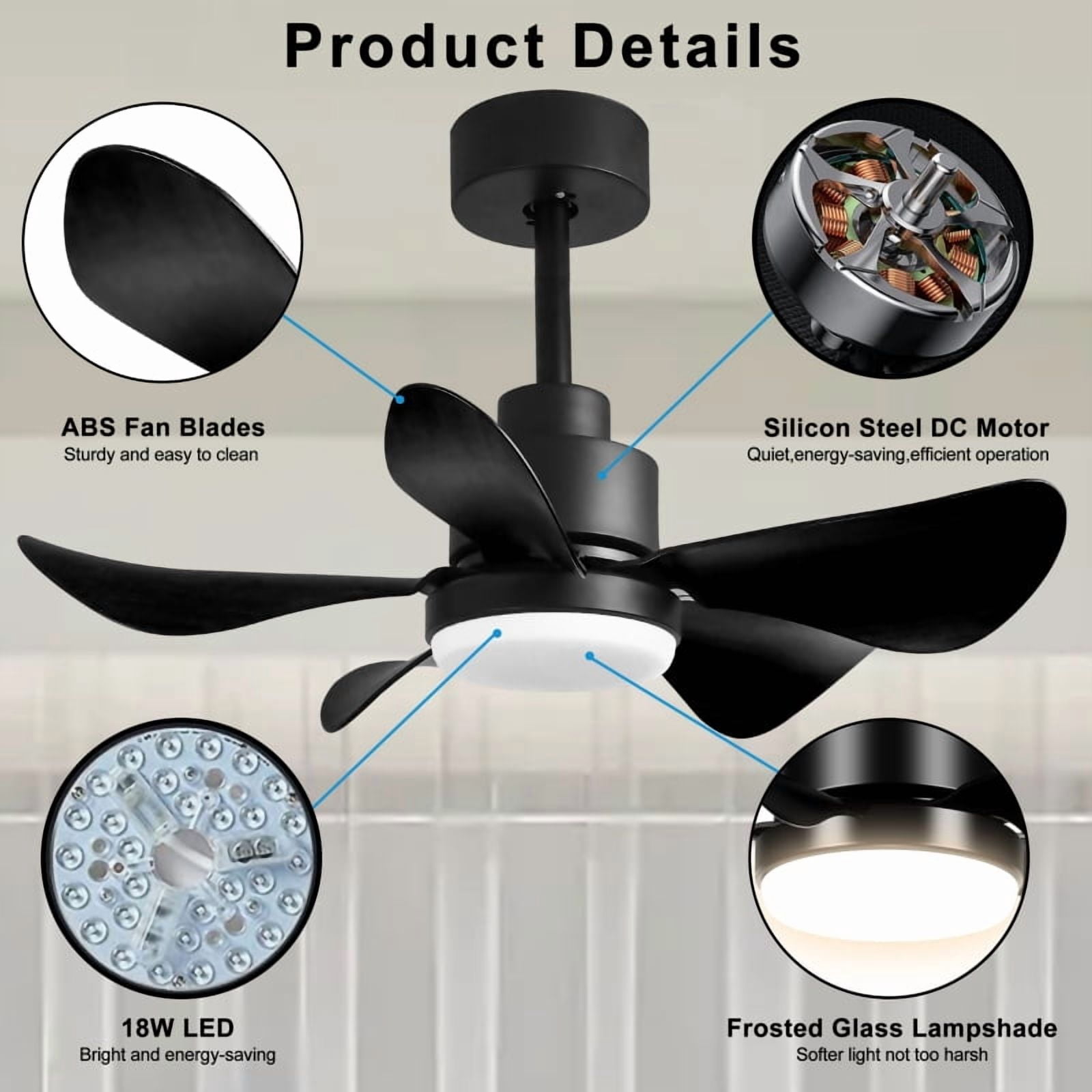 Acpouw 28' Ceiling Fans with Lights and Remote/APP Control, Low Profile Ceiling Fans with 5 Reversible Blades 3 Colors Dimmable 6 Speeds Ceiling Fan for Bedroom Kitchen