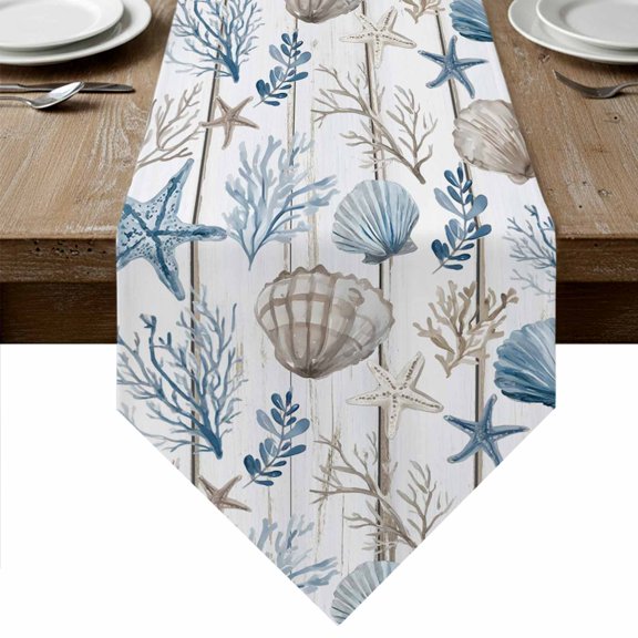 Ocean Coastal Table Runner Linen Burlap Table Runner 36 Inches Small Ocean Nautical Coral Shells Wooden Grain Dresser Scarves for Kitchen Island Coffee Dining Room Party Wedding Holiday Decor 13"x36"