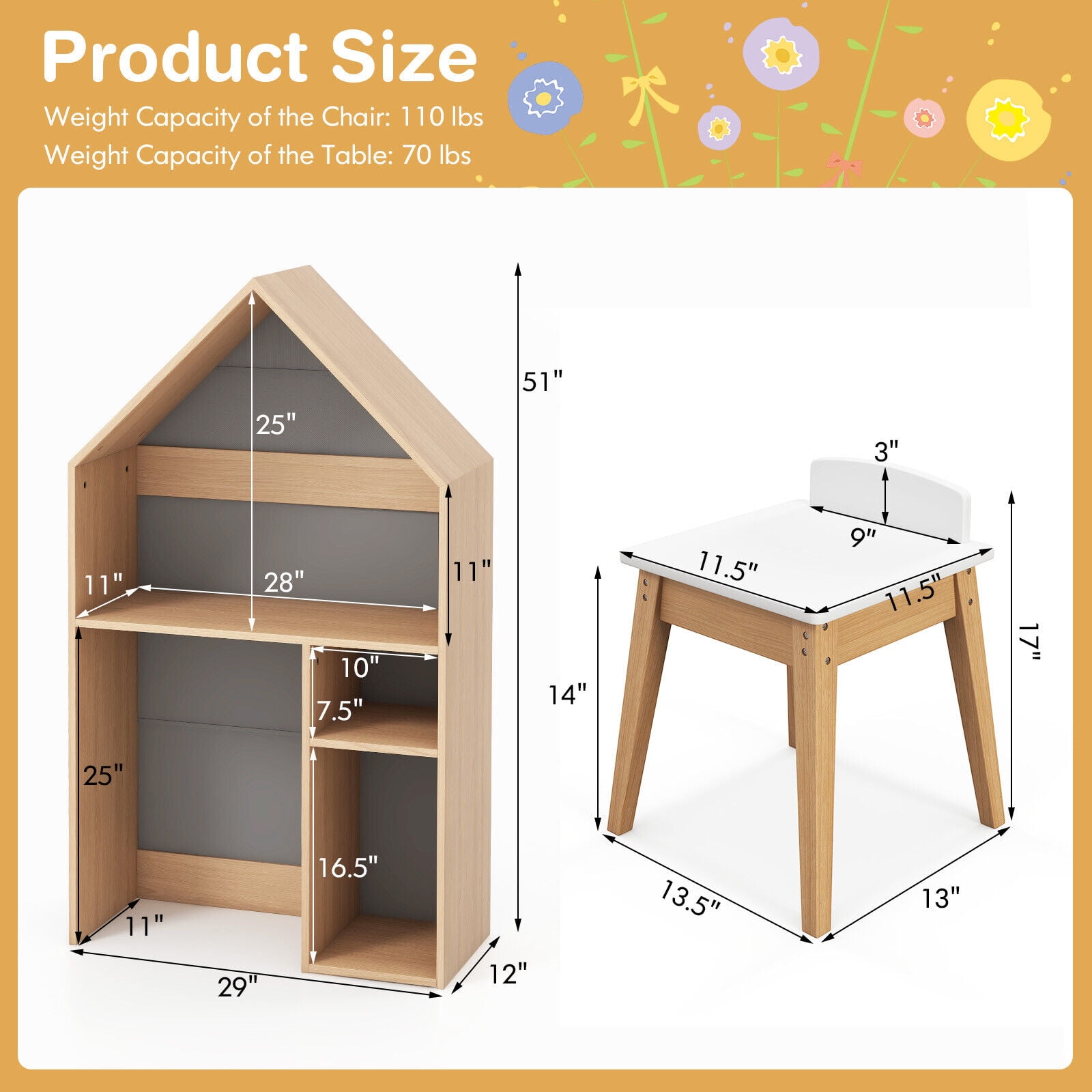 Amijoy Kids House-Shaped Table and Chair Set, 2-in-1 Kid’s Toy Organizer Cabinet with Ample Storage & Extra Blackboard