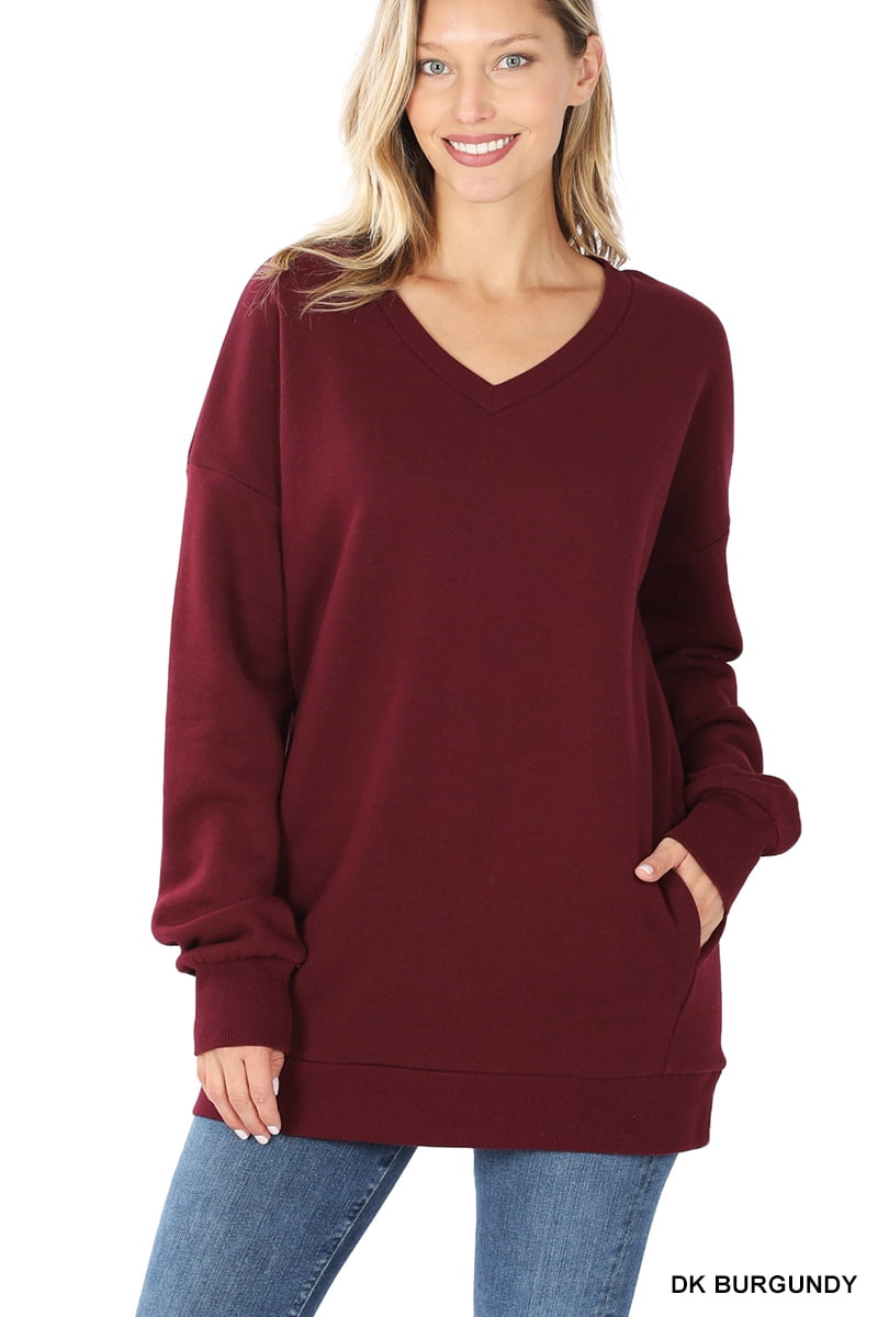 Zenana Women & Plus Basic Relaxed Long Sleeve VNeck Sweatshirts w/Side