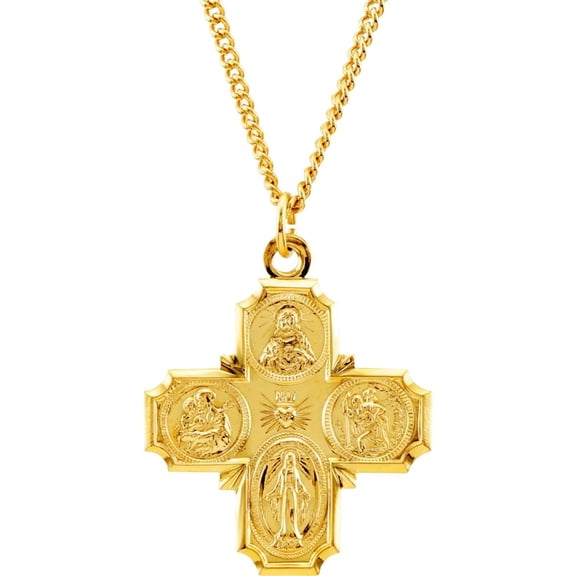 24k Gold Plated 29x29mm Polished Four-way Religious Faith Cross Medal Pendant With 24 Inch Chain Chain Necklace for Wome