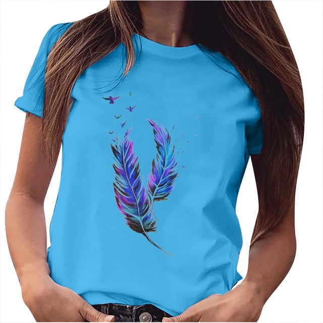 Mikilon Chemise à Imprimé Plumes pour Femmes et Filles, Manches Courtes, Blouse