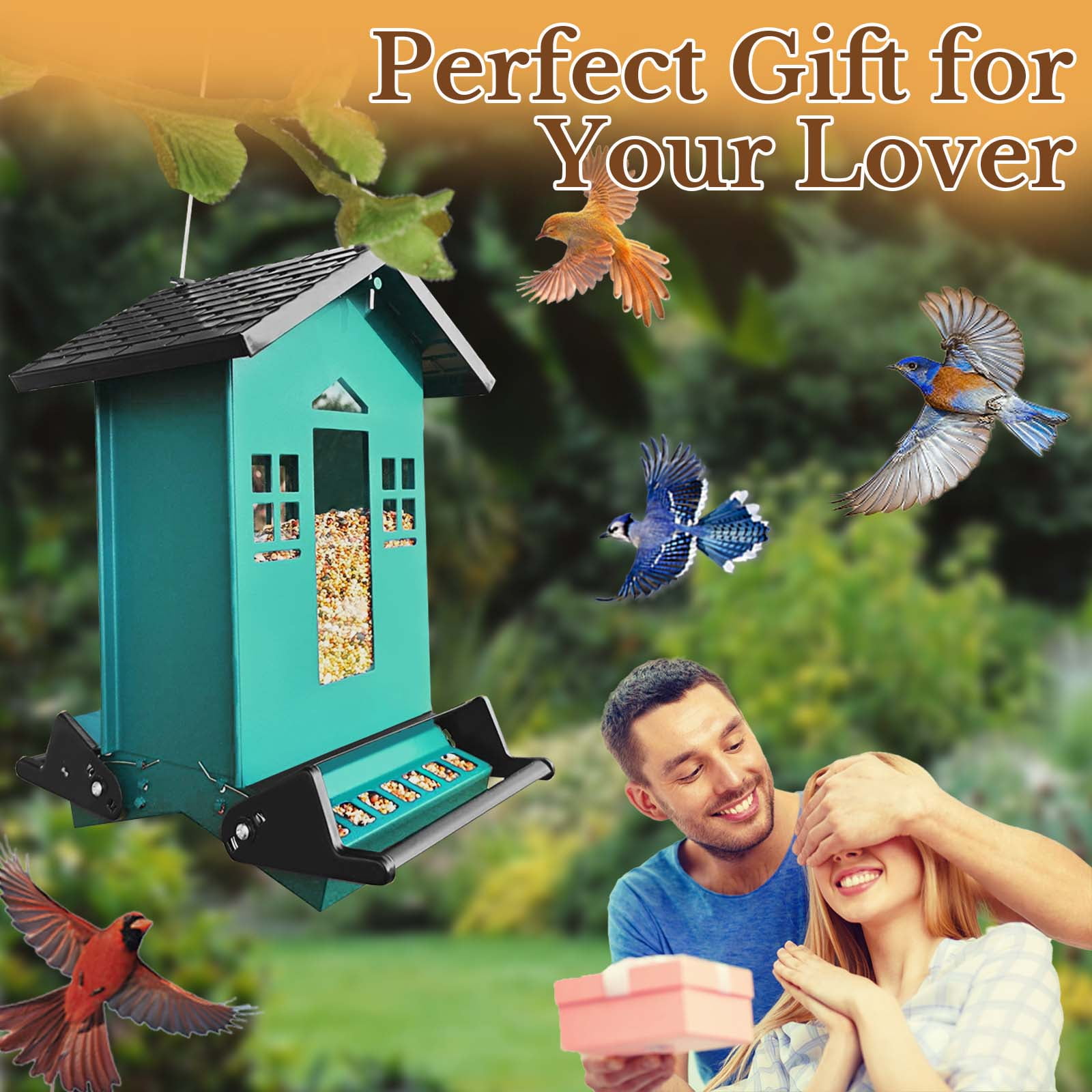 5LBS Bird Feeder Squirrel Proof, Hanging Bird Feeders for Outdoors, Large Capacity Metal Bird Seed Feeder, Weight-Activated Perches Wild Birdfeeder for Blue Jay, Cardinal, Garden