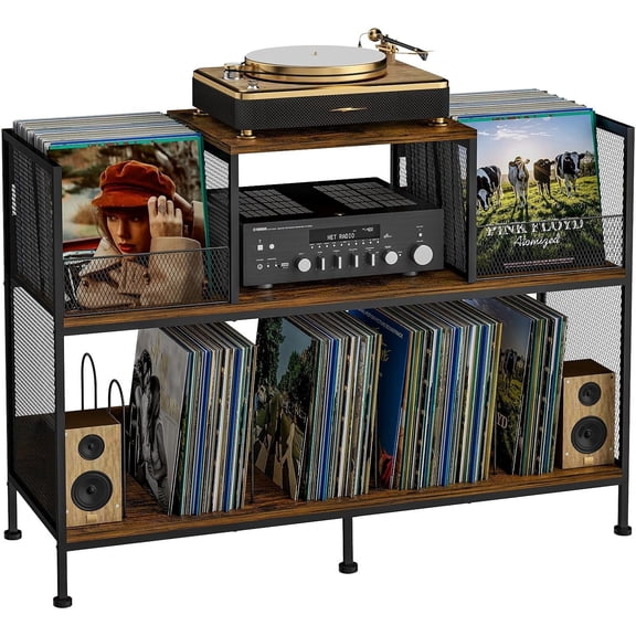 Large Vintage Record Player Table with 4 Adjustable Dividers, Vinyl Record Storage Cabinet for Up to 350 Albums, Medieval Turntable Stand for Living Room, Bedroom (Patent Pending)