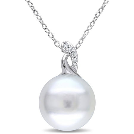 Miabella 12-12.5mm White Cultured Freshwater Pearl and Diamond-Accent Sterling Silver Pendant