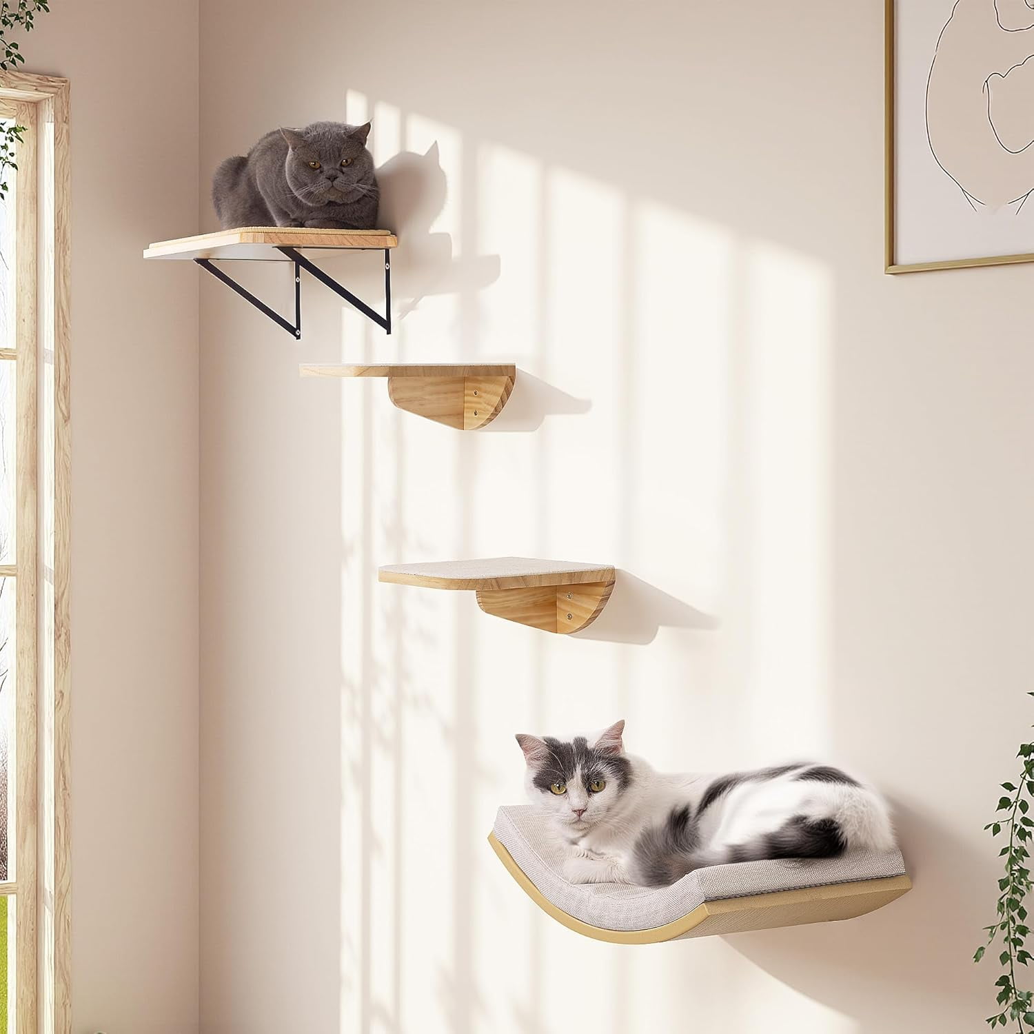 PELUOMOZ Cat Stairs, 2-Piece Wall-Mounted Wooden Steps with Scratching Mat, Climbing Shelf for Perch Platform