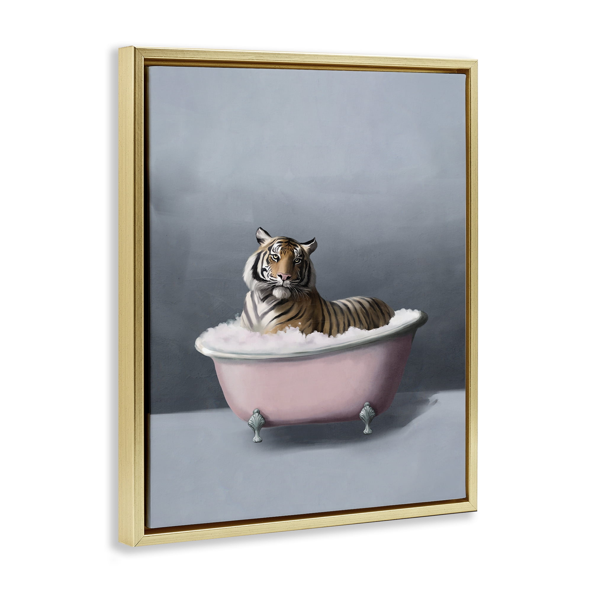 Stupell Industries Tiger in the Bathtub Bath & Laundry Painting Gold Floater Framed Canvas Art Print Wall Art, 17 x 21
