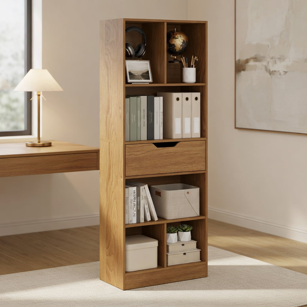 GVN 71inch Tall Freestanding Bookcase 10-Cube Storage Organizer with Drawer Multi-Use Open Shelves for Home Office Study Living Room Books Decor Display, Natural