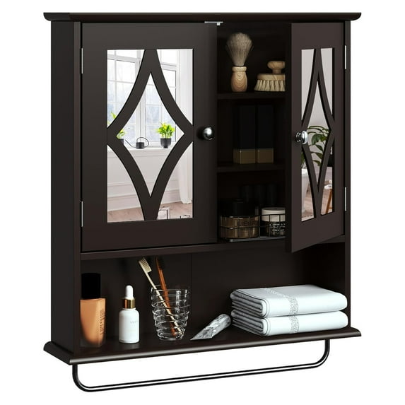 Open Box RoyalCraft Bathroom Wall Medicine Cabinet, Wood Storage with Mirror, Towel Bar, Brown