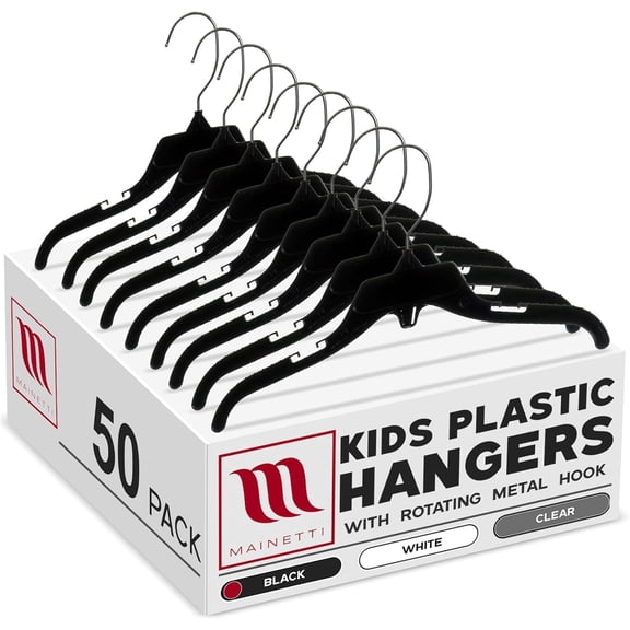Mainetti 498 Black Plastic Hangers - 50 Pack with Rotating Metal Hook and Notches for Straps, Great for Shirts/Tops/Dresses, 12-Inch