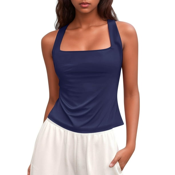 Camiseta sin mangas de verano ajustada para mujer: sin mangas, color liso, poliéster transpirable, corte ajustado, versátil para combinar con pantalones cortos o faldas.