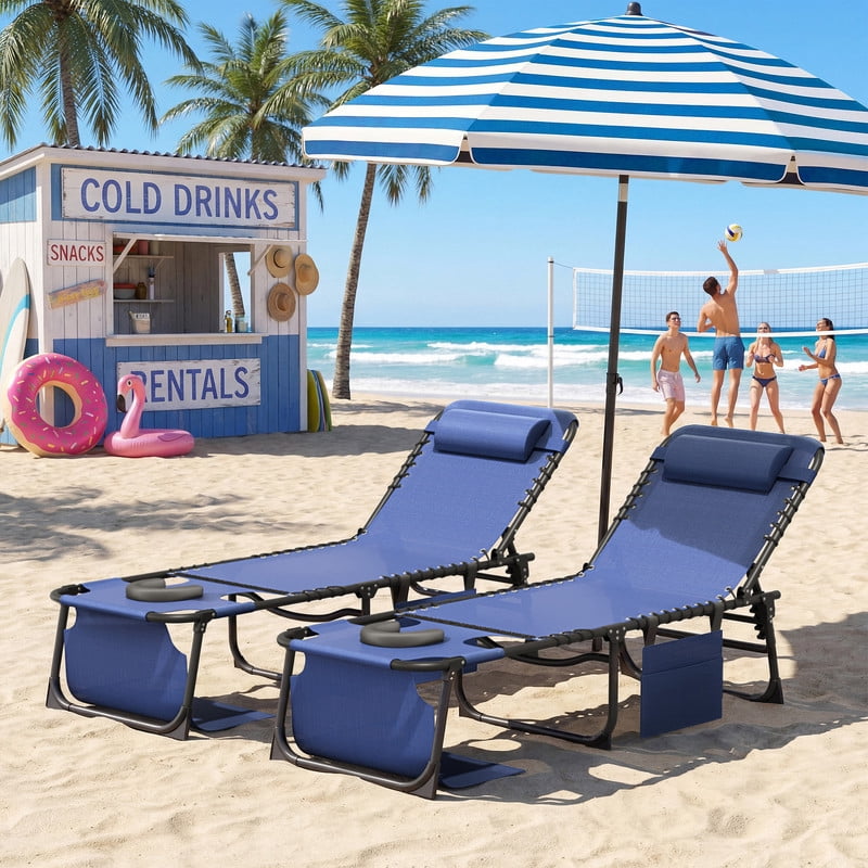 Lacoo Teslin Foldable Lounge Chair, Outdoor Chaise Lounge with Sauna, 5-Position Adjustable Beach Chair, Blue