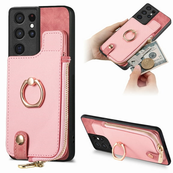 Nalacover Case for Samsung Galaxy S21 Ultra Wallet Case with Card Holder & Zipper Pocket, 360° Rotation Ring Kickstand Premium PU Leather Cover, Shockproof Magnetic Button Flip Stand Phone Case,Pink