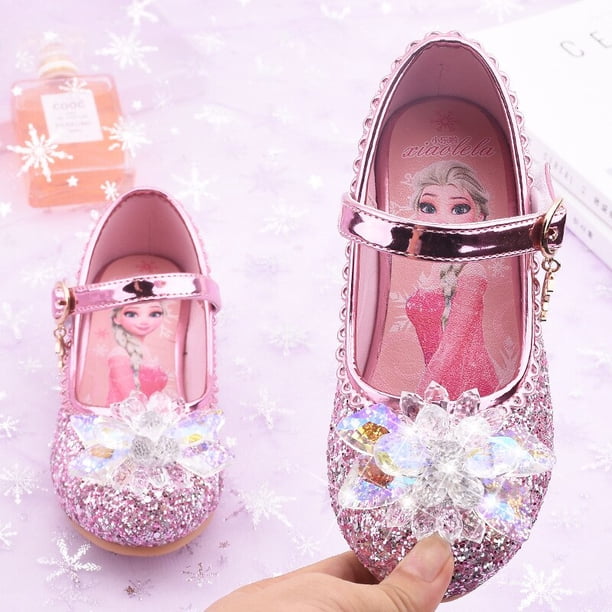 Zapatos informales de dibujos animados de Disney para niñas, zapatos de tacón alto para niños, zapatos de fiesta de cuero con lazo de dibujos animados de frozen elsa, plantilla de 17,1 CM Gao Jinjia LED