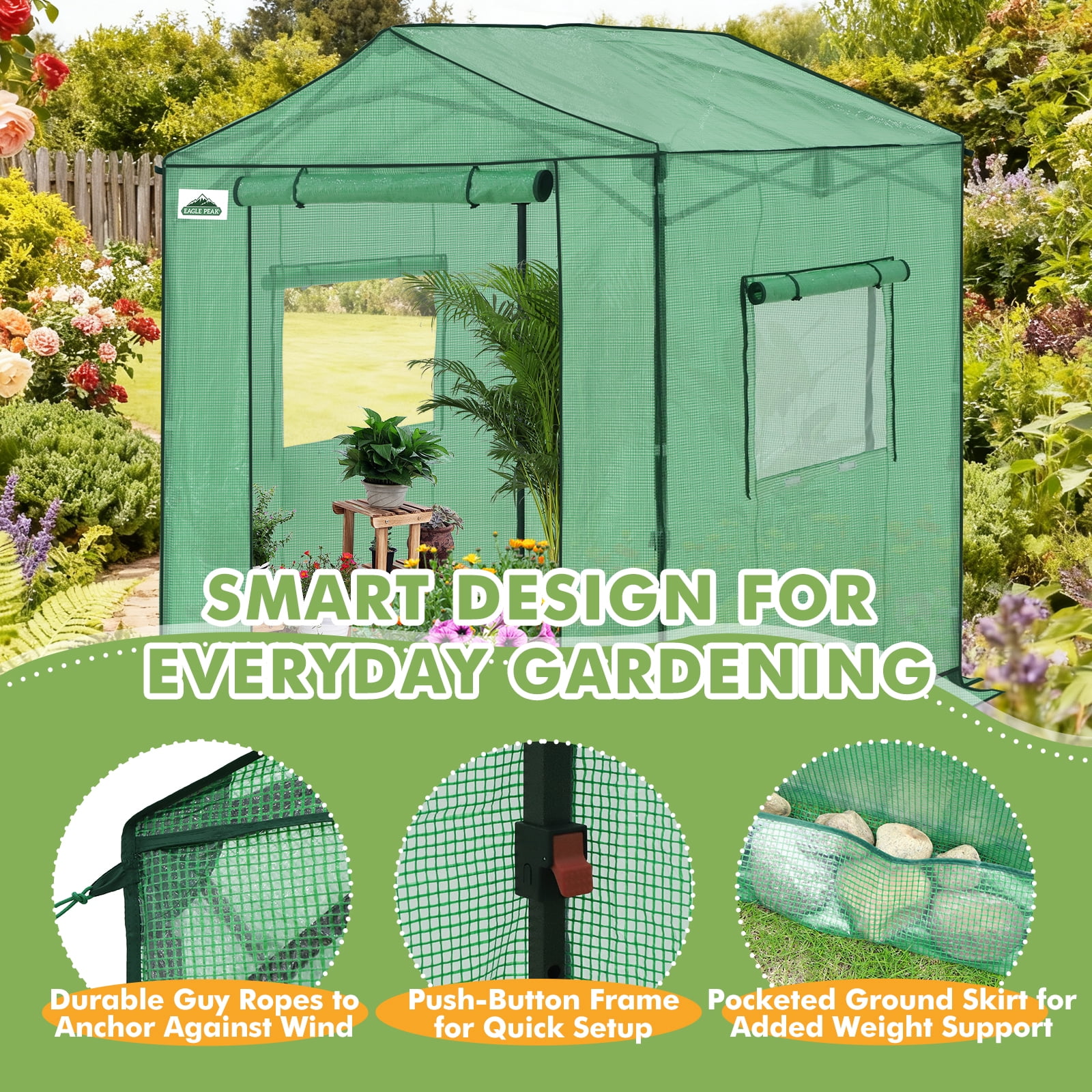 EAGLE PEAK 6x6 FT Portable Walk-in Greenhouse, Pop up Outdoor Green House with Power Access Openings, Green
