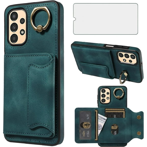 Phone Case for Samsung Galaxy A13 4G Wallet Cover with Tempered Glass Screen Protector and Ring Stand Credit Card Holder Slot Leather Cell A 13 LTE 2022 13A SM-A135U Women Girls Green