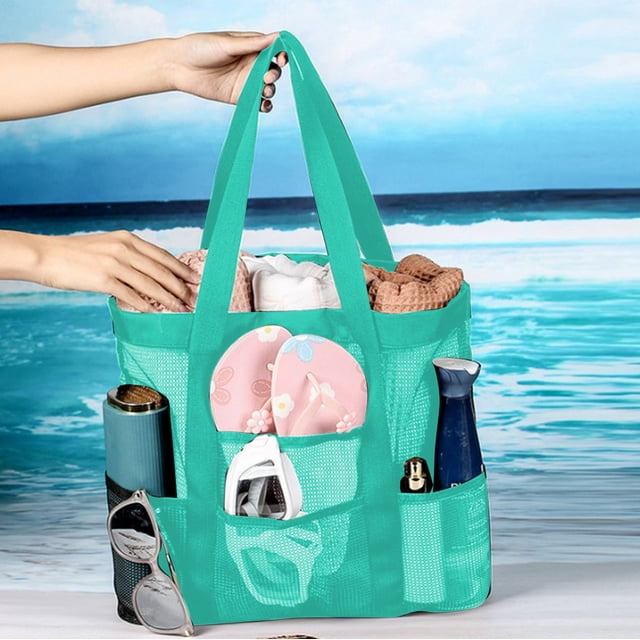 Weloille Mesh Beach Tote Bag 1 Piece, Large Capacity Lightweight Portable, Breathable Quick Dry Sturdy Handle, Multipurpose Storage Bag for Beach Toy Swimming Toiletries Travel Picnic