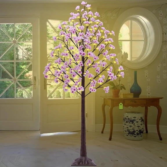 6FT Lighted Cherry  Tree - Faux Artificial Light Up Cherry  Trees with 112 Lights, 336 Lush Flowers, Timer, Remote 8 Modes Pink Tree for Spring Wedding Party Indoor Outdoor Decor