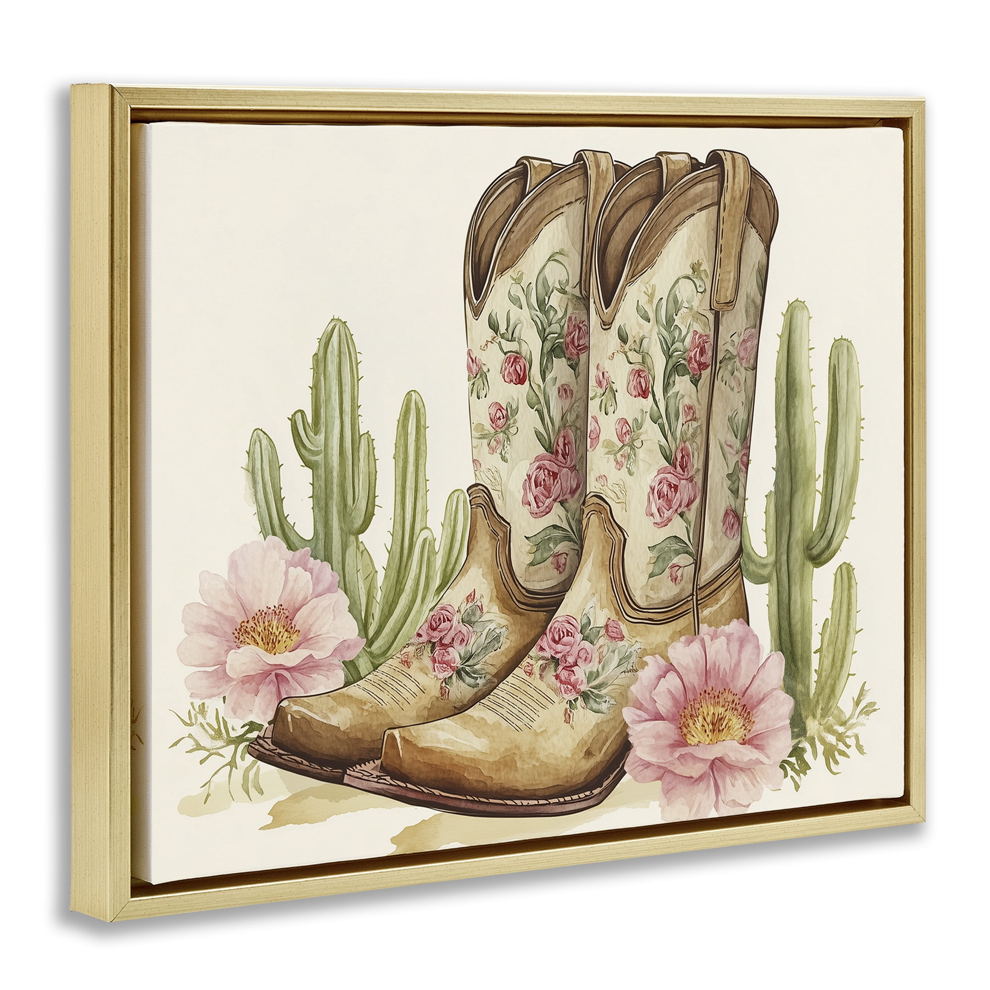 Stupell Industries Floral Boots & Cactuses Gold Framed Floater Canvas Wall Art, design by Heidi Kuntz